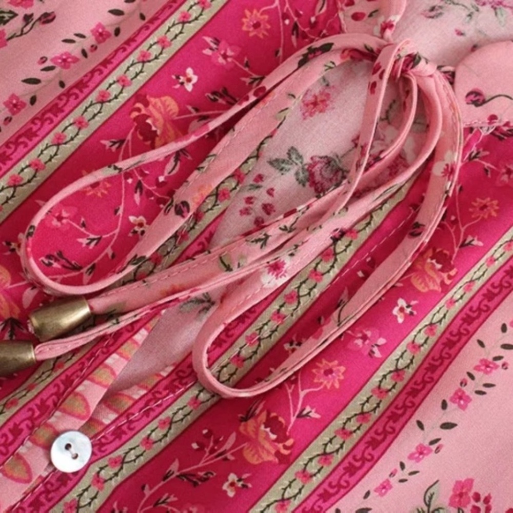 Pink Floral Gypsy Bohemian Button Long Sleeve Top - Picture 10 of 11